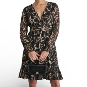 DKNY Black and Cream Floral Long Sleeve Dress